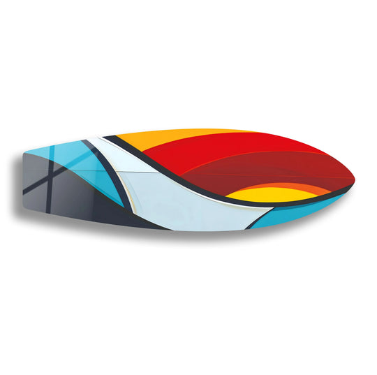 A captivating abstract design features vibrant arcs of red, yellow, and blue, creating dynamic art from glass.