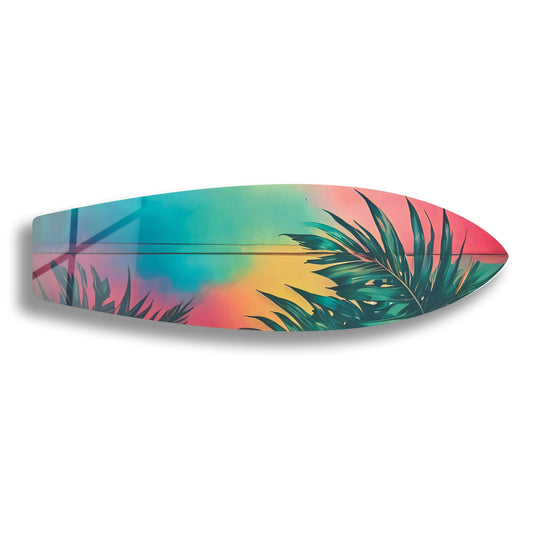 SurfBoard with palm tree art blue pink and UV printed tropical design for surfboard wall art and striking durable decor