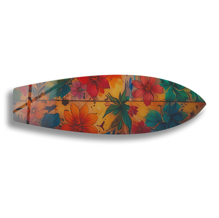 Wandkunst mit Surfbrett und blauen und roten Blumen