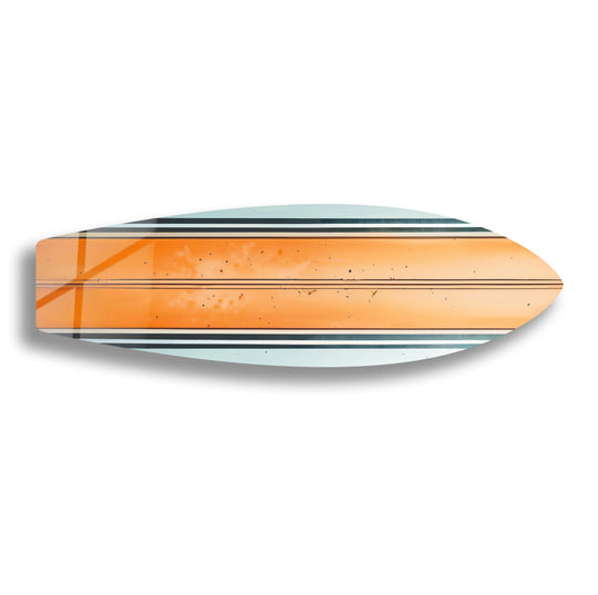 Examining the realistic detail of this wall art reveals the vibrant orange and white hues achieved through impeccable glass printing on this surfboard wall art.