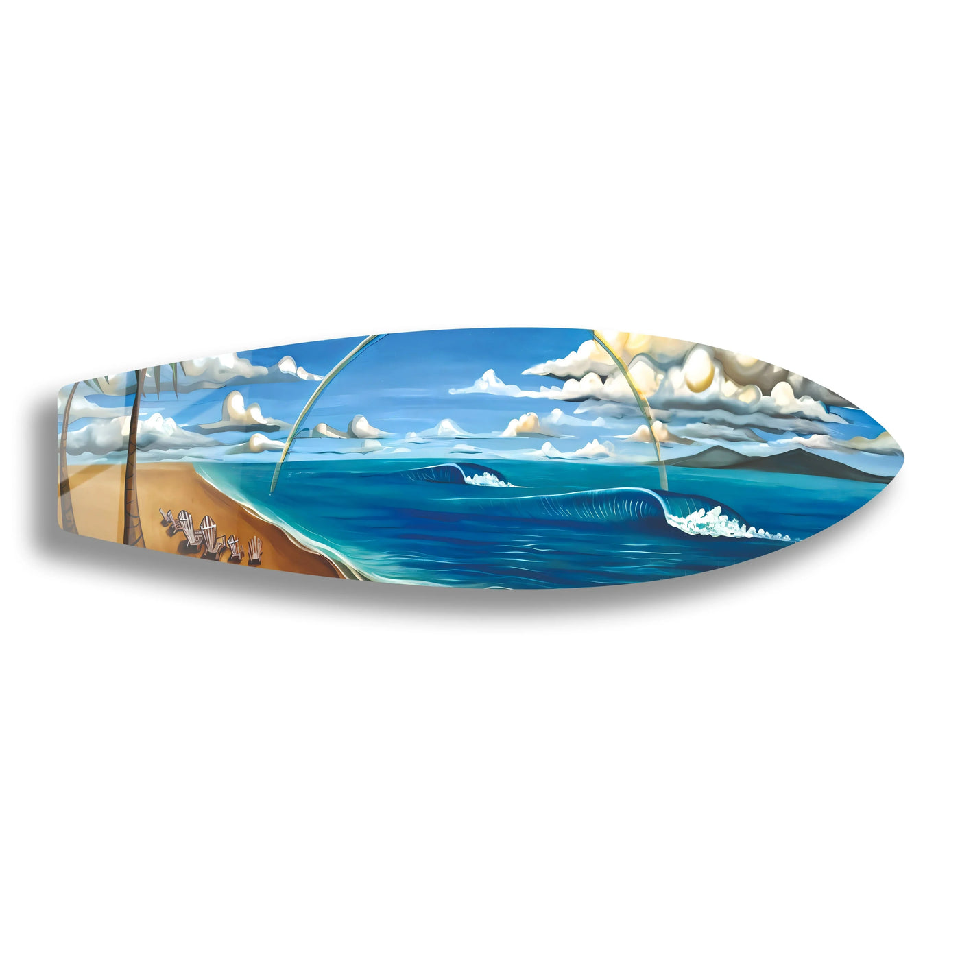 Dominant negative space surrounds the surfboard decorative wall art, showcasing a vibrant beach scene with ocean waves and beach chairs.