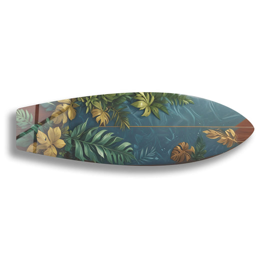 Focusing on the focal point, the botanical surfboard decoration wall art features luscious tropical leaves against a deep blue background.