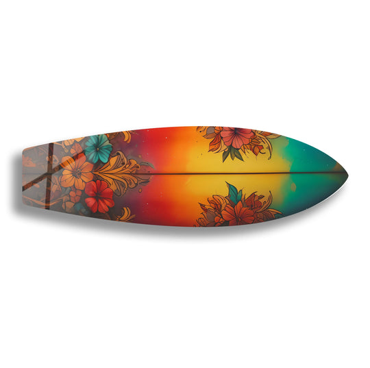 Brilliant color saturation brings the red vintage botanical surfboard art to life as a vibrant glass art painting, emphasizing its floral design.