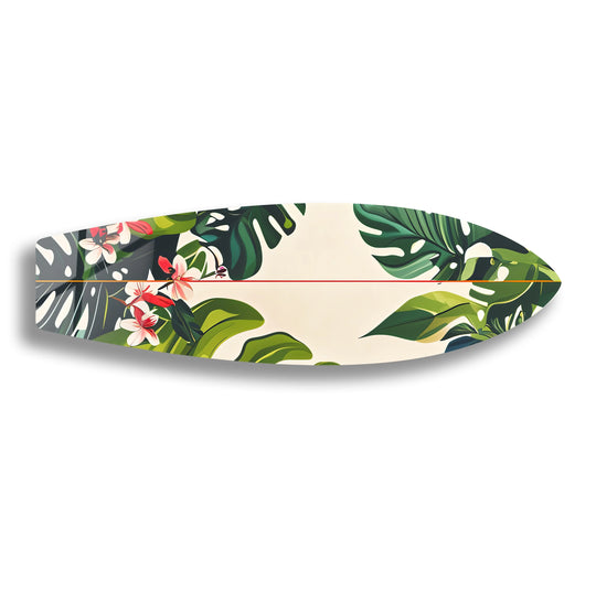 Surfboard wall art with green palm leaf design tropical botanical art for modern interiors on premium glass and decorative surfboard