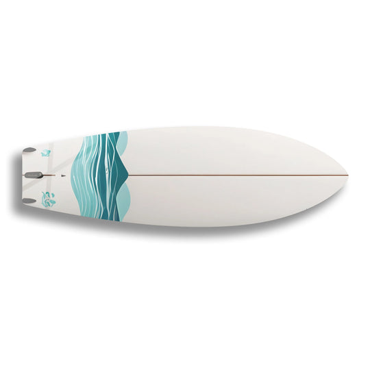 A cool-toned glass printing surfboard art piece featuring abstract blue wave designs and a minimalist aesthetic.