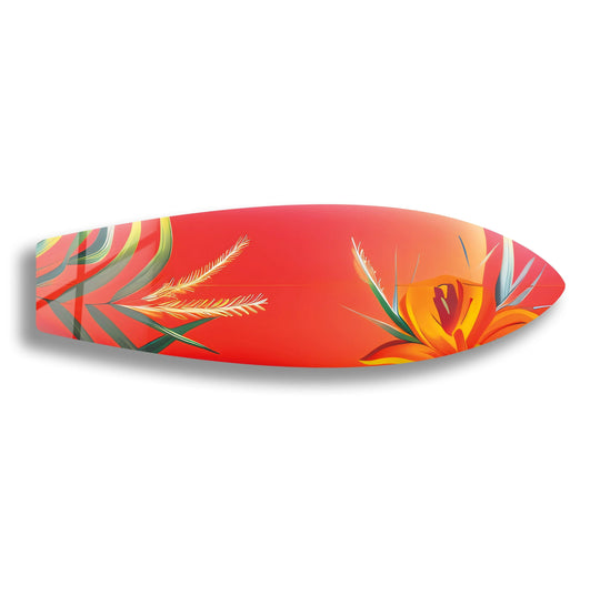 Highlighting the smooth edge and rounded borders, this botanical surfboard features vibrant floral prints and clear glass wall art decor that enhances its modern design.