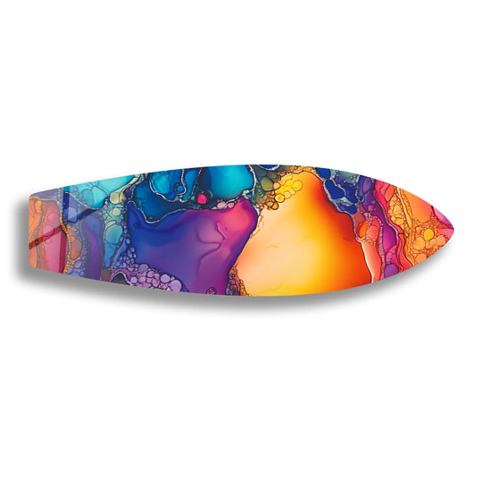 SurfBoard with stained glass colors and artful detail plus surfboard wall art and vibrant decor for a modern wall