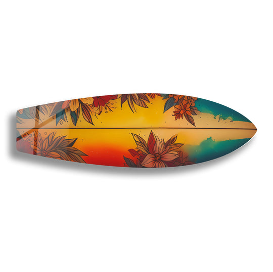 SurfBoard with floral pattern and sunset gradient colors tropical wall art and vibrant coastal decor for surf enthusiasts