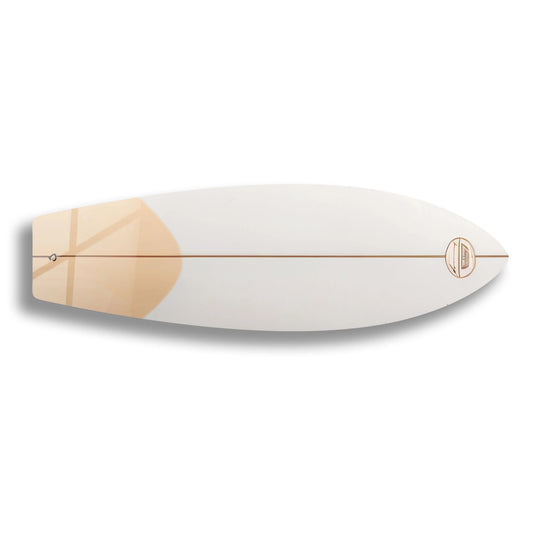 Horizontally oriented surfboard art features a rounded rectangular shape enhanced by stylish brown and white glass printing details.