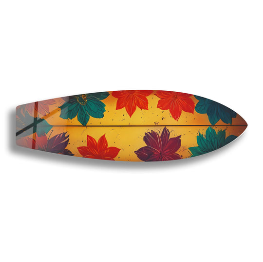 Inviting and energetic, this Blue Red Vintage Flower Surfboard Wall Art evokes a summery mood with its vibrant glass art painting.