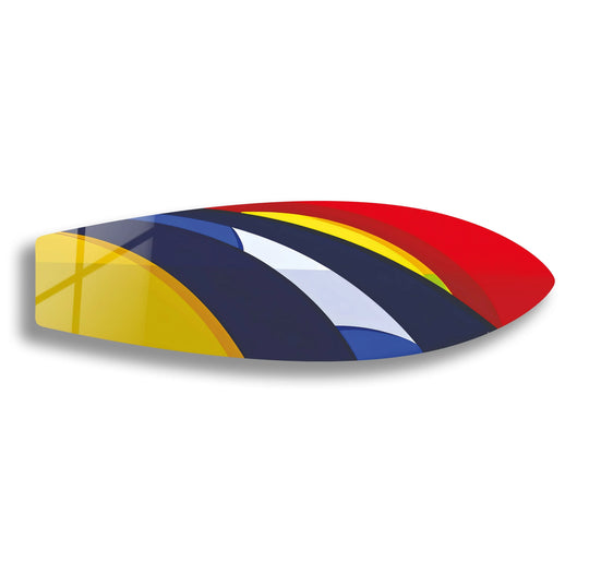 Foreground yellow and dark blue hues illuminate this striking surfboard glass wall art decor, blending beachy vibes with sophisticated design.