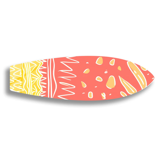 Pink and yellow abstract patterns transition across this unique surfboard home decoration.
