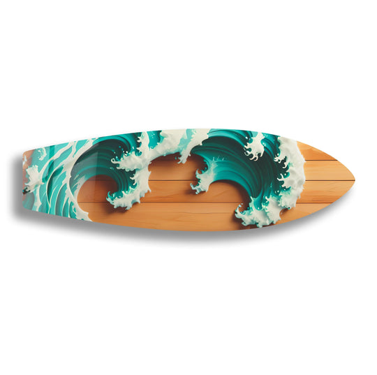 Horizontal wooden background complements the wave design of this wooden details surfboard print wall art, enhancing its unique coastal charm.