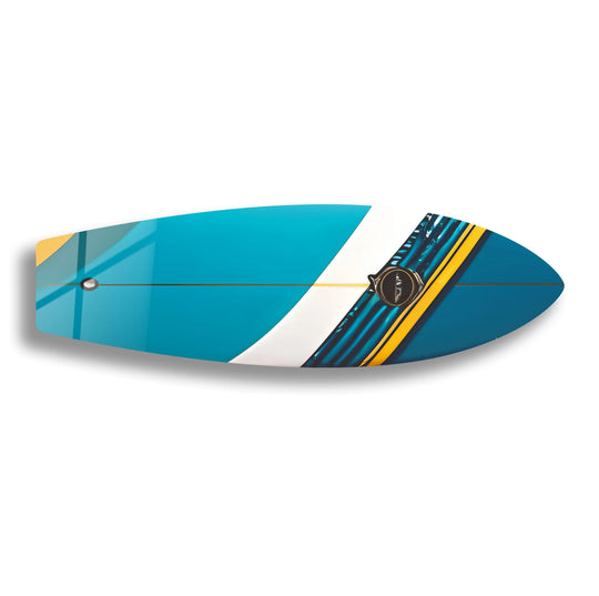 Dominant turquoise hues highlight this blue surfboard wall art print, perfect for coastal homes and lovers of wall art prints.