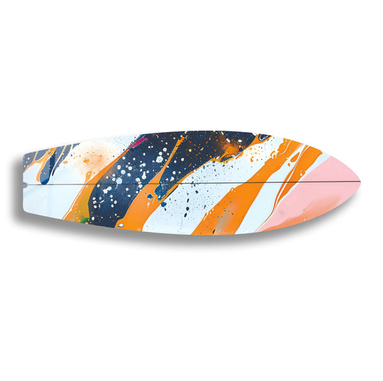 Horizontally oriented surfboard-shaped glass wall art features an orange and white color splash design, perfect for modern home decoration.