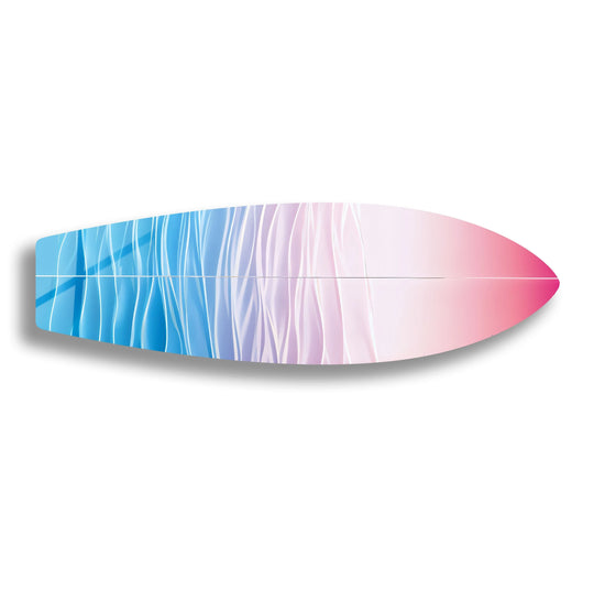 A horizontally oriented surfboard shape features a soft pink and blue gradient with wave-like vertical lines, a striking print wall art.
