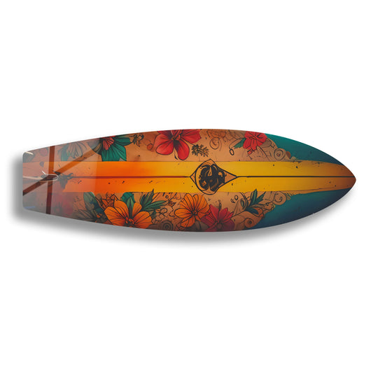 Illuminated by the brightest area, this botanical vintage surfboard wall art with flower accents enhances the home decor.