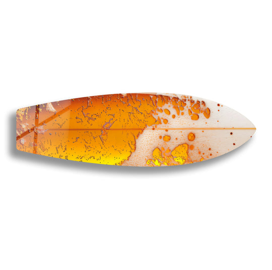 Orange abstract surfboard glass art painting with dynamic splattered and linear patterns.