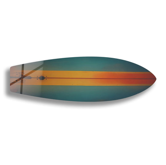 The surfboard wall art showcases a captivating transition between brown and green hues, achieved with expert glass printing techniques.