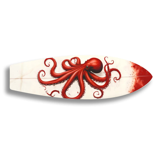 Realistic red octopus artwork on a surfboard features intricate detail, serving as unique home decor.