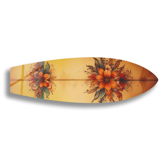 The stillness of vintage surfboard art captures the delicate floral designs as hanging wall art, offering a calming, botanical-inspired aesthetic.
