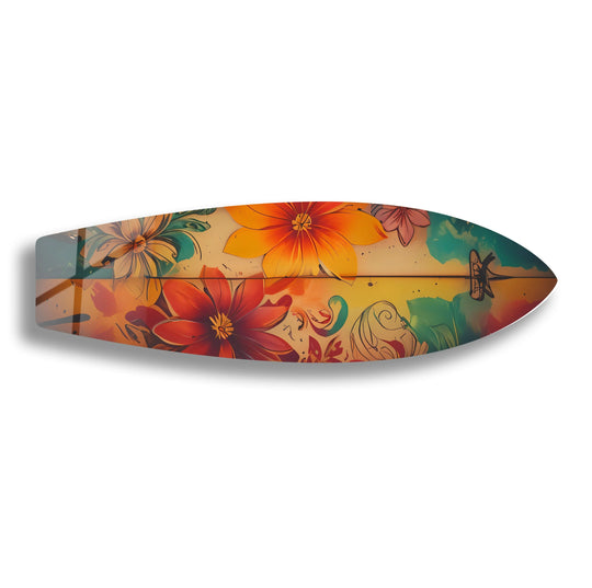 Negative space highlights the surfboard's floral design, giving the unique modern wall decor a floating effect against the bright background.