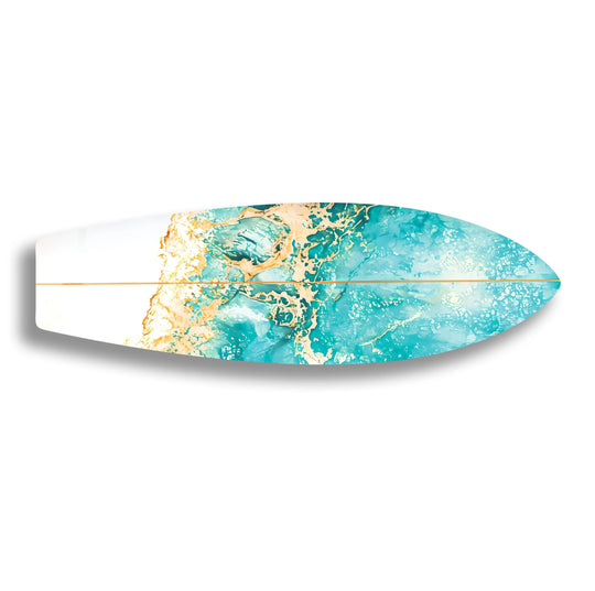 Gold details blue abstract surfboard glass wall artwork featuring vibrant ocean colors.