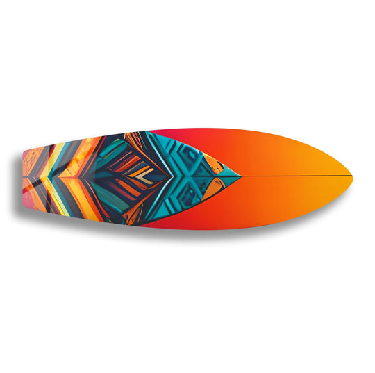 Vibrant surfboard wall art prints capture a dynamic, energetic mood with bold geometric patterns and warm sunset hues.