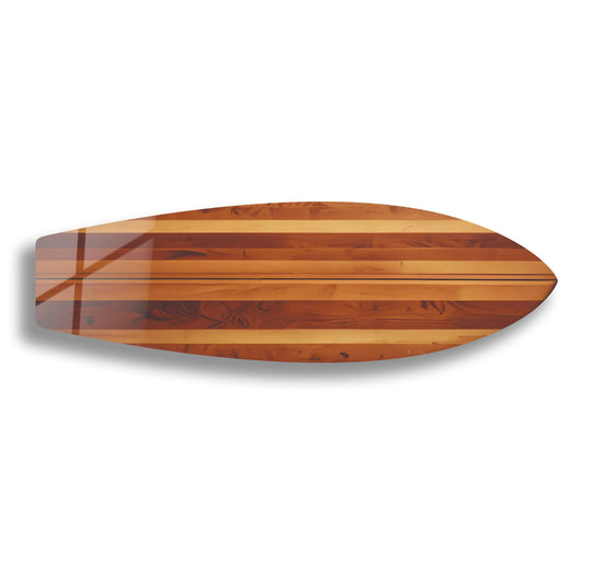 Visual rhythm is created by the horizontal wood stripes of this brown and beige surfboard wall art, resembling tempered glass wall art with warm, natural tones.