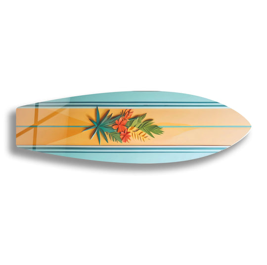 Orange and blue surfboard hanging wall art with a detailed foreground of vibrant tropical flowers and palm leaves.