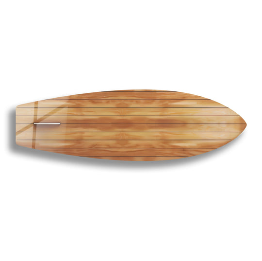 Foreground shows the horizontal wood grain pattern on the Wood Details Brown Beige Surfboard, a striking example of glass art painting.