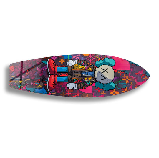 This surfboard wall art features colorful graffiti and figurine design and is perfect for urban art lovers and surfboard decor enthusiasts