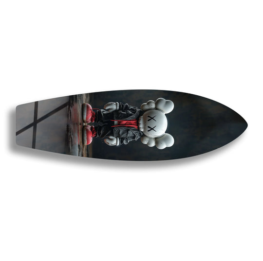 The surfboard wall art features a Kaws inspired figurine and urban street art design and is a modern and stylish art piece that adds a unique touch.