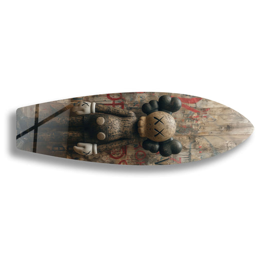 The Kaws Inspired Surfboard features urban graffiti and figurine design and is unique wall art for your home and is perfect for fans of contemporary art