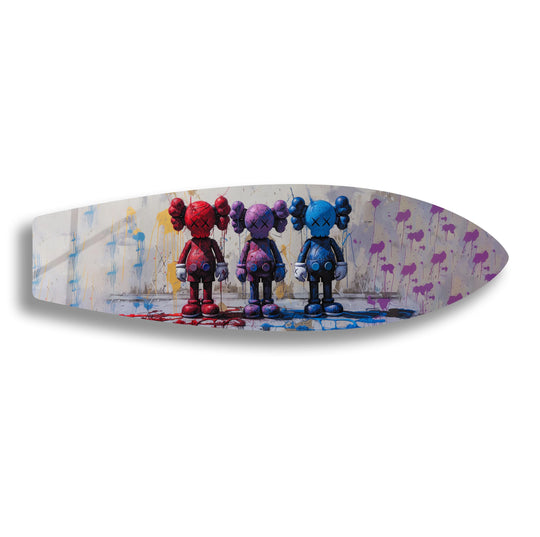 Surfboard shows abstract art and colorful Kaws characters and this surfboard art is vibrant wall decor and modern art for a pop of color