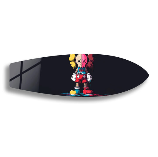 This surfboard displays Kaws inspired colorful figurine and vibrant street art as surfboard wall art that will deliver youthful street style energy and trendy graffiti pop art