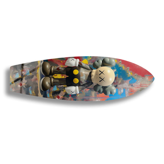 SurfBoard shows pop figurine and graffiti in colorful modern art and decor making graffiti surfboard wall art a contemporary urban street art statement