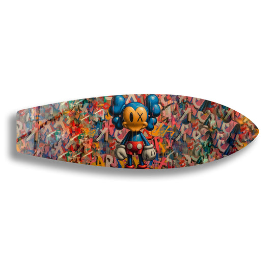 This surfboard wall decor features graffiti art and a pop figurine in urban street style and it is stunning graffiti art glass wall art for contemporary interiors