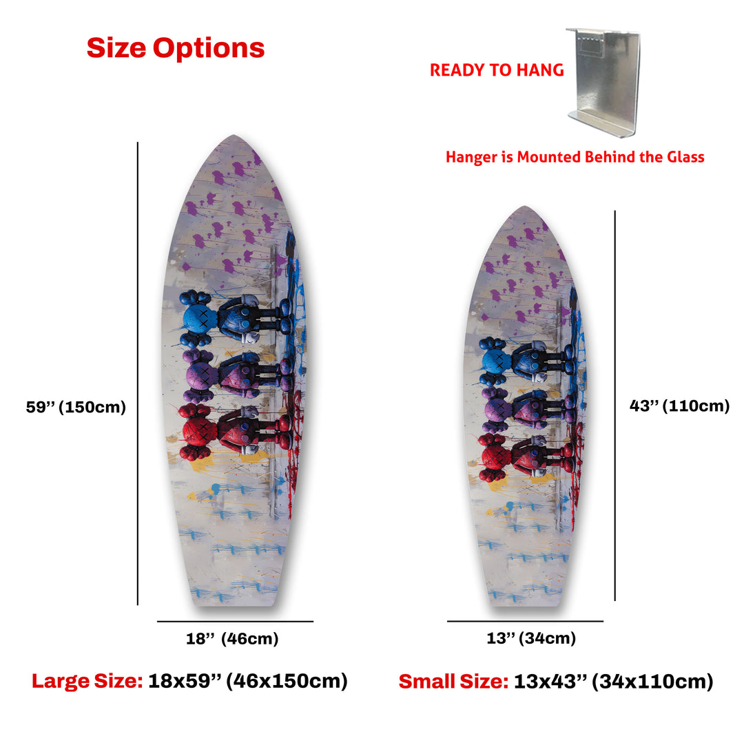 Abstrakte Surfbrett-Wandkunst – Farbenfrohe moderne Kunst auf einem Surfbrett