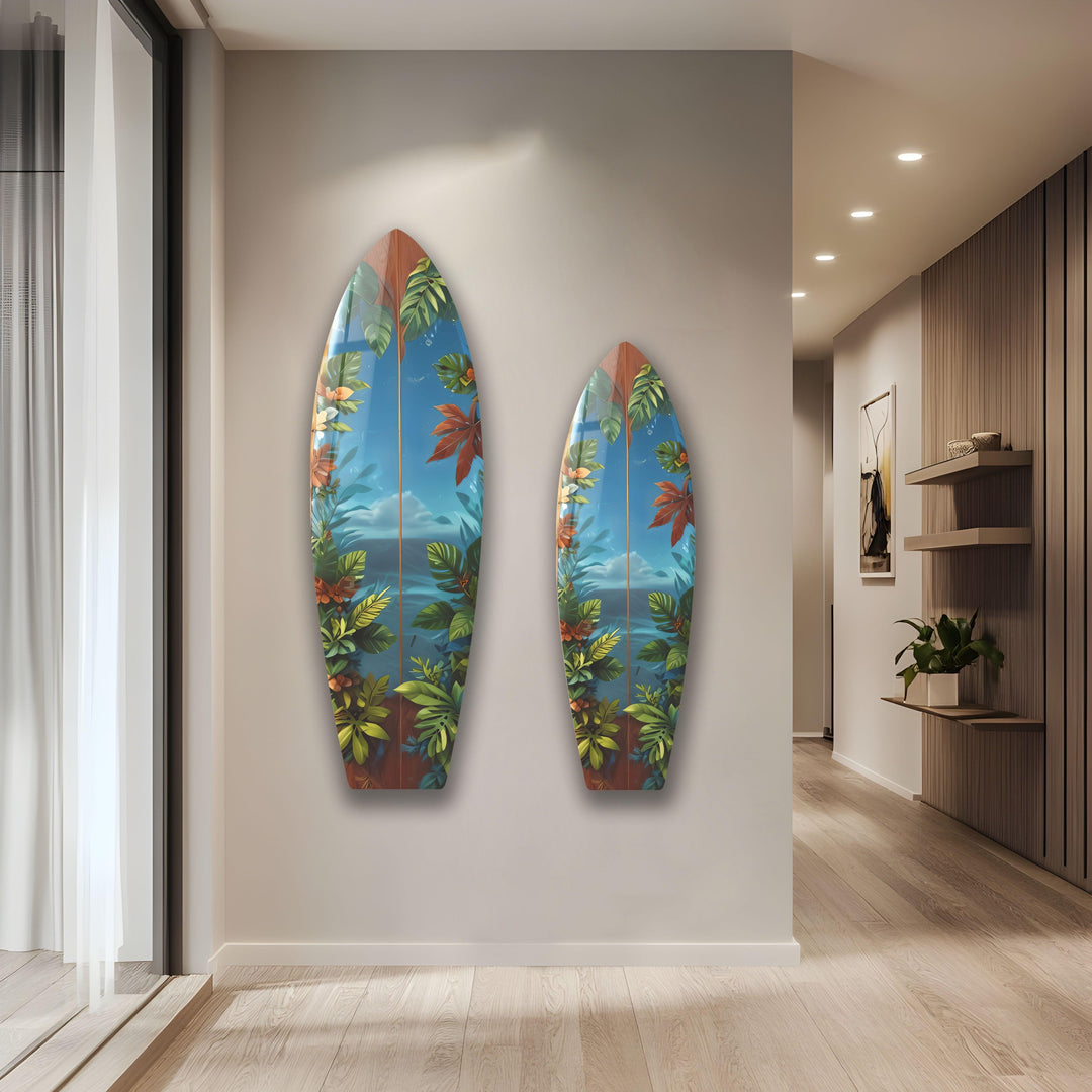 Tropische Dschungel-Surfbrett-Wandkunst – Exotisches Küstendekor