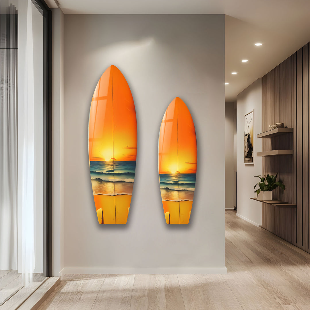 Golden Sunset Surfboard Wandkunst – Küstenstrand Dekor