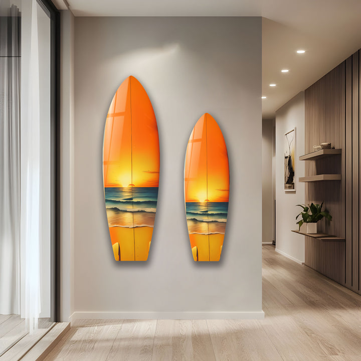 Golden Sunset Surfboard Wandkunst – Küstenstrand Dekor