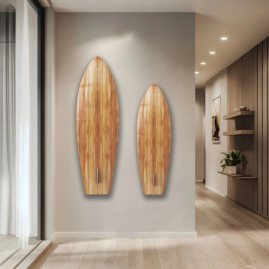 Finished in natural wood tones, these surfboard art pieces serve as distinctive glass wall art decor, enhancing your space with unique coastal aesthetics.