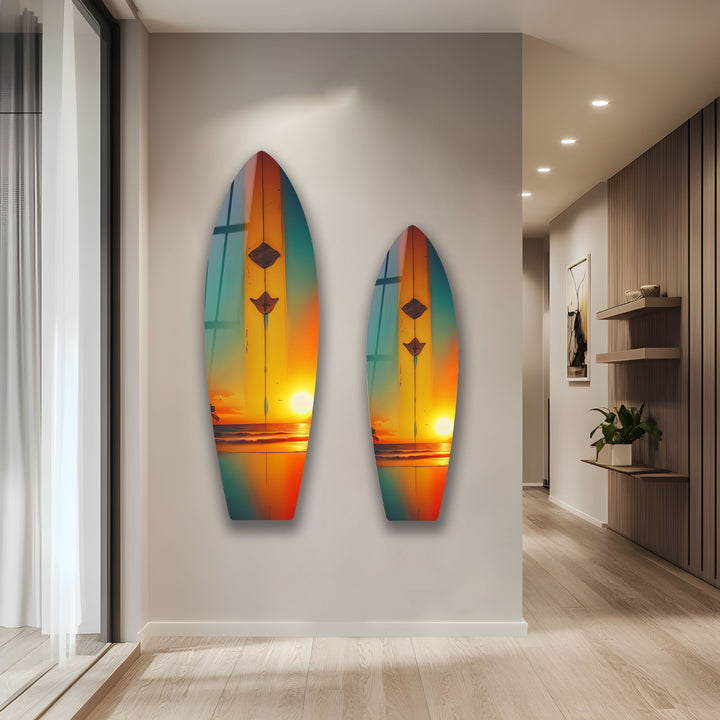 Tropischer Sonnenuntergang Surfbrett Wandkunst – Ozean Sonnenuntergang Strand Dekor