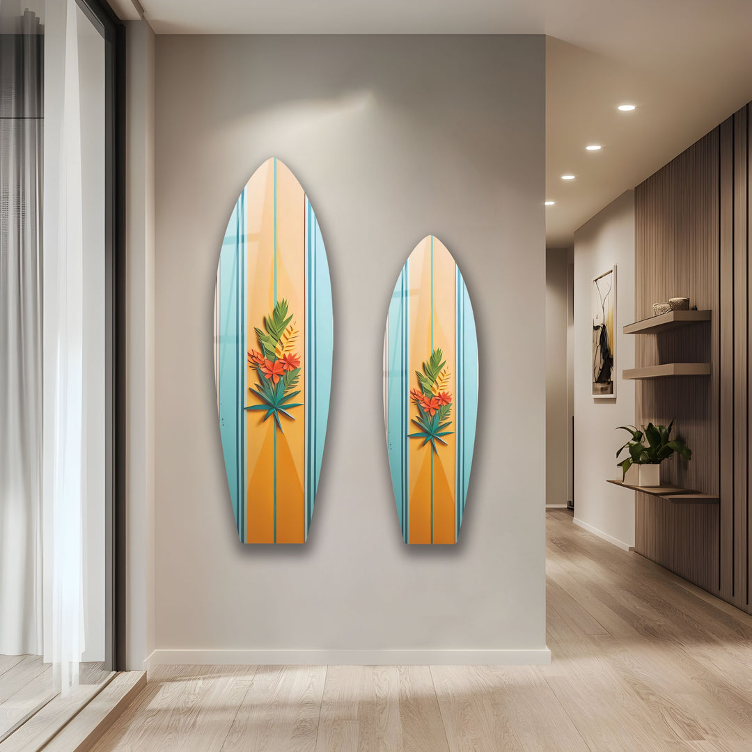 Orange und Blau Botanische Surfbrett Wandkunst
