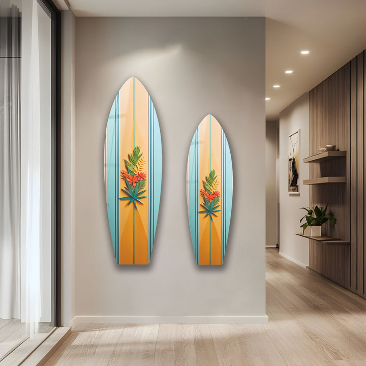 Orange und Blau Botanische Surfbrett Wandkunst