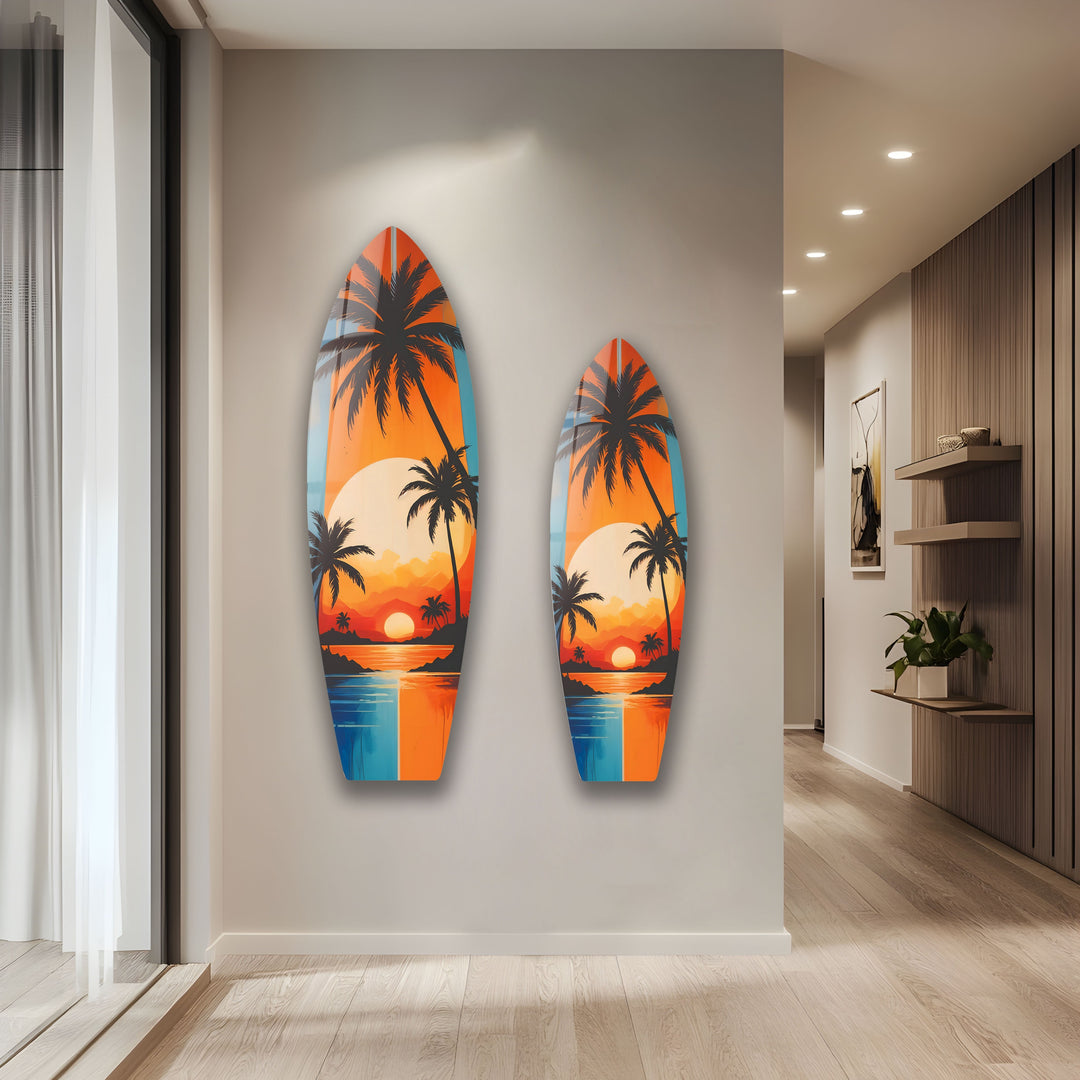 Tropischer Sonnenuntergang Surfbrett Wandkunst – Lebendiges Küstenstranddekor