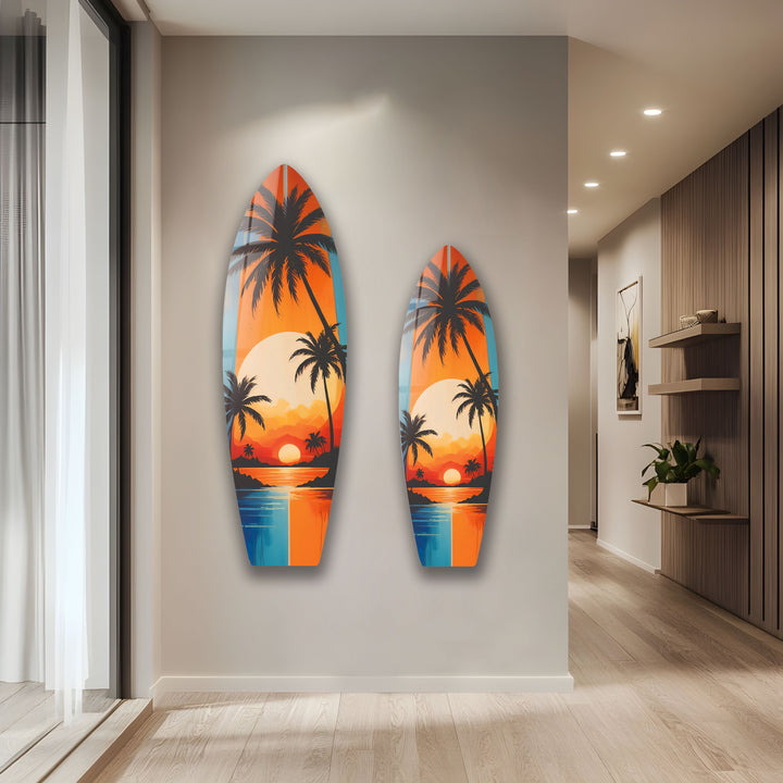 Tropischer Sonnenuntergang Surfbrett Wandkunst – Lebendiges Küstenstranddekor