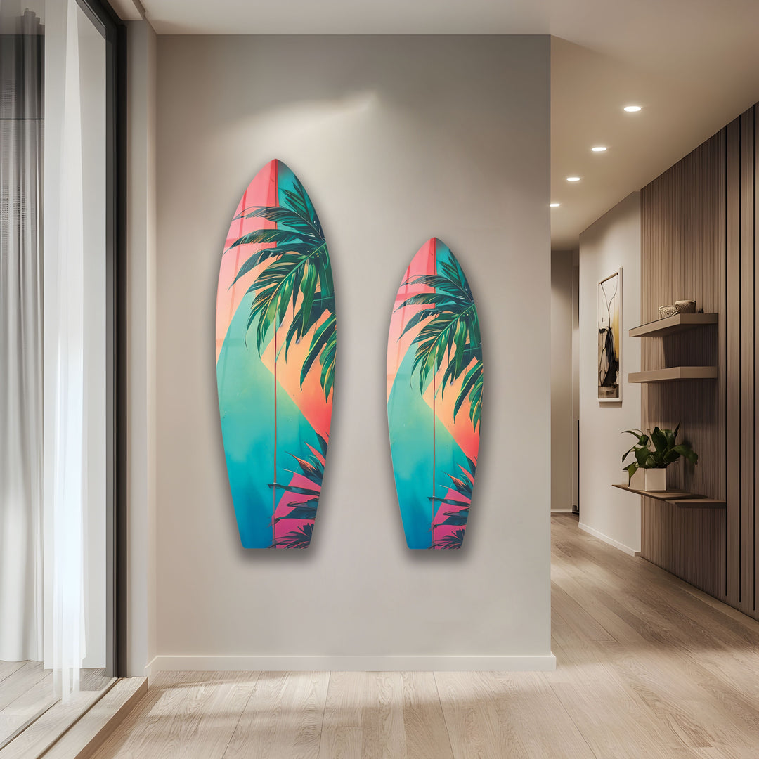 Rosa-blaue Palmblatt-Surfbrett-Wandkunst