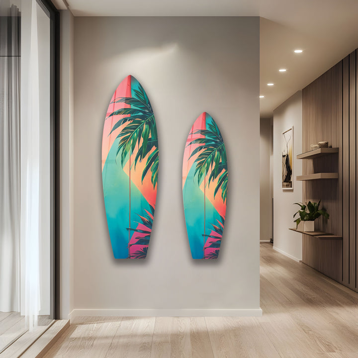 Rosa-blaue Palmblatt-Surfbrett-Wandkunst
